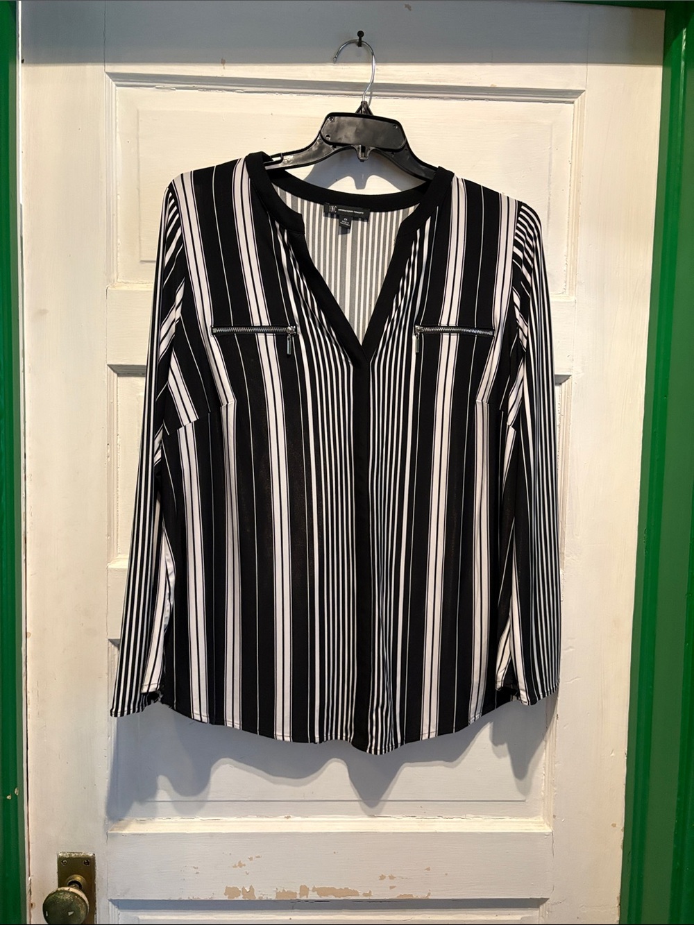 INC International Concepts Black & Tan Vertical Stripe V-Neck Blouse
